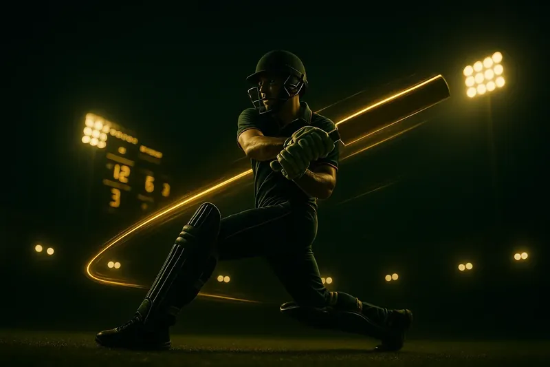 Cricket athlete in motion with neon trail and stadium lights