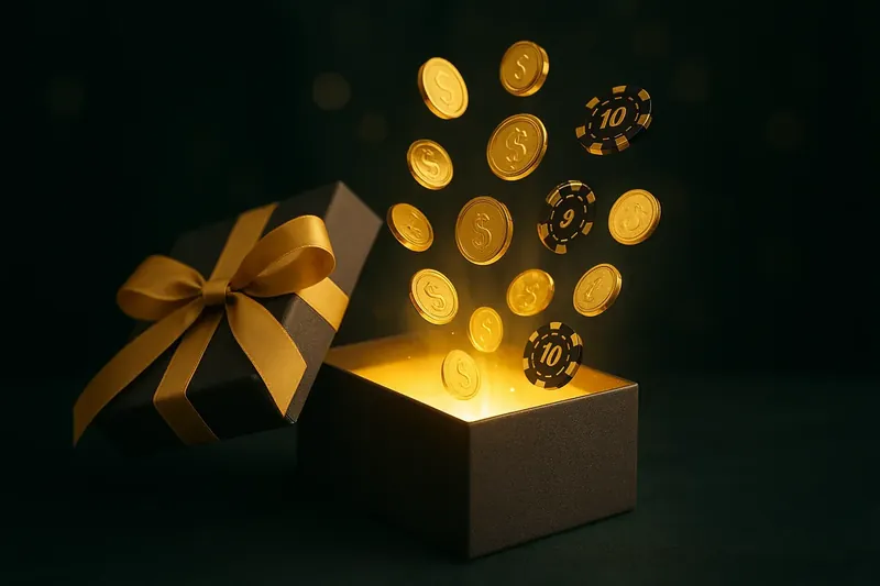 Premium gift box opening with gold light, coins and casino chips
