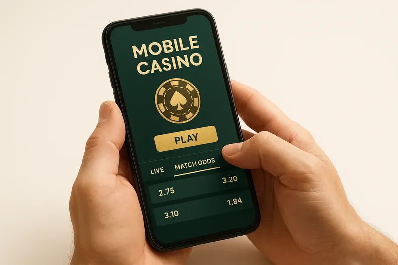 Hands holding smartphone with mobile casino interface and live match odds
