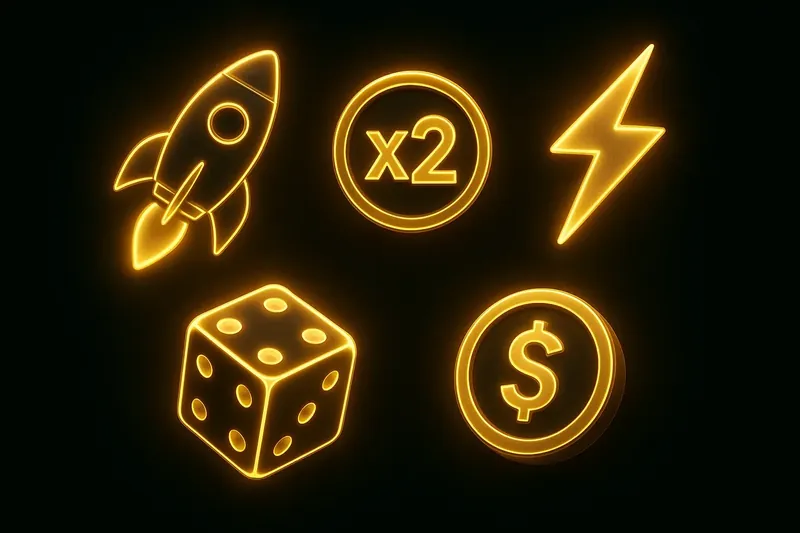 Glowing instant game icons with rocket, dice, coin, and lightning