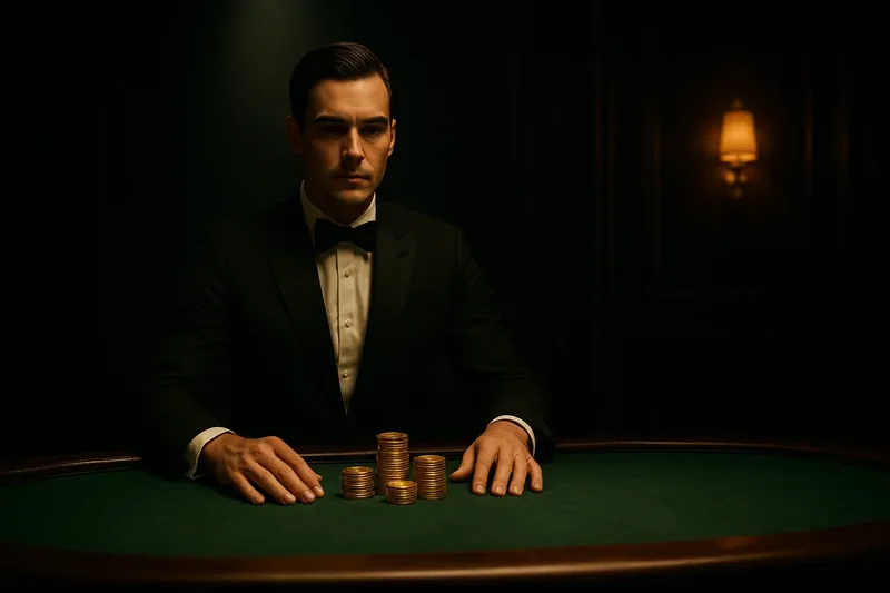 Professional dealer at green felt live casino table with golden chips